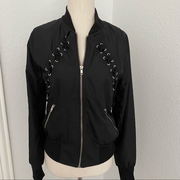 Rue 21 Motorcycle Bomber Biker Style Jacket Criss Cross Streetwear Trendy Size S - Picture 11 of 11